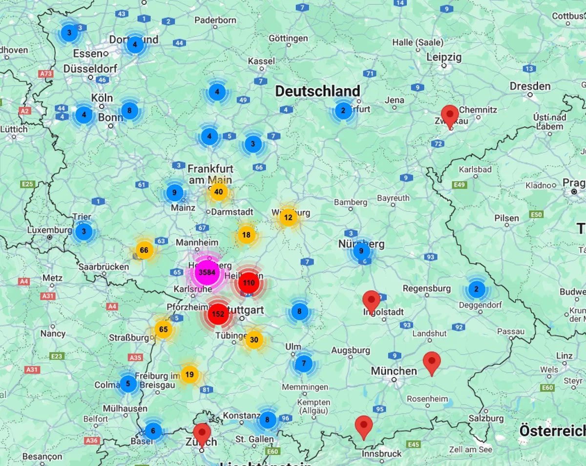 Karte: Herkunft der Ticketkäufer, Schwerpunkt Rhein-Neckar, Karlsruhe und Stuttgart