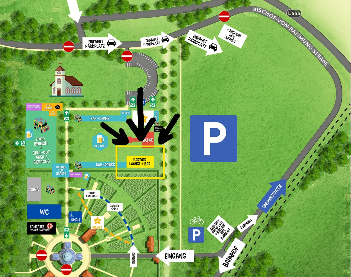 Lageplan des Festivalgeländes mit Position der Partner-Lounge