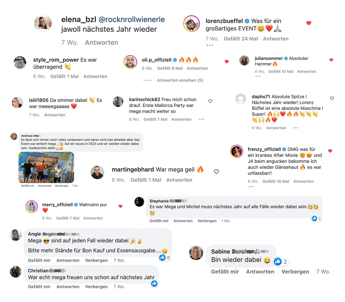 Screenshots positiver Kommentare von Partnern, Künstlern und Gästen in den sozialen Medien